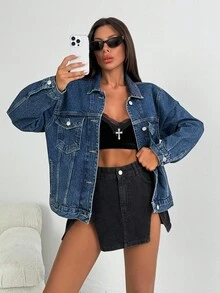 EURMUSE Raw Wash Classic Flap Pocket Ripped Drop Shoulder Denim Jacket Womens Jean Jacket Blue Jean Jacket Oversized Jean Jacket Jean Jacket - Dark Wash - View 5