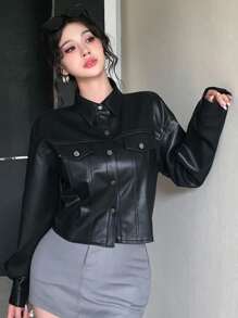 DAZY 女士短款外套，带大口袋，休闲商务办公装，长袖PU皮风衣，秋冬季女装皮夹克 - 黑色 - 查看 7