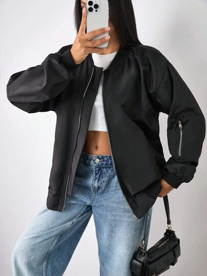 EURMUSE Donna, Autunno, Inverno, Giacca, Collo Tondo, Cerniera, Tasche, Lunghezza Regolare, Manica Lunga, Casual, Nero