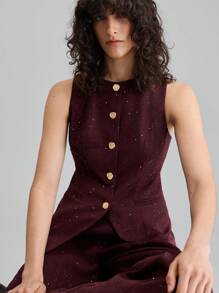 Ontre 2 件套女士西装套装，无袖背心和裤子，紫红色闪亮面料，圆领，收腰，现代都市风格，商务休闲，办公室通勤，日常穿着，秋季，2025 年新款 - 中紫紅色 - 查看 2