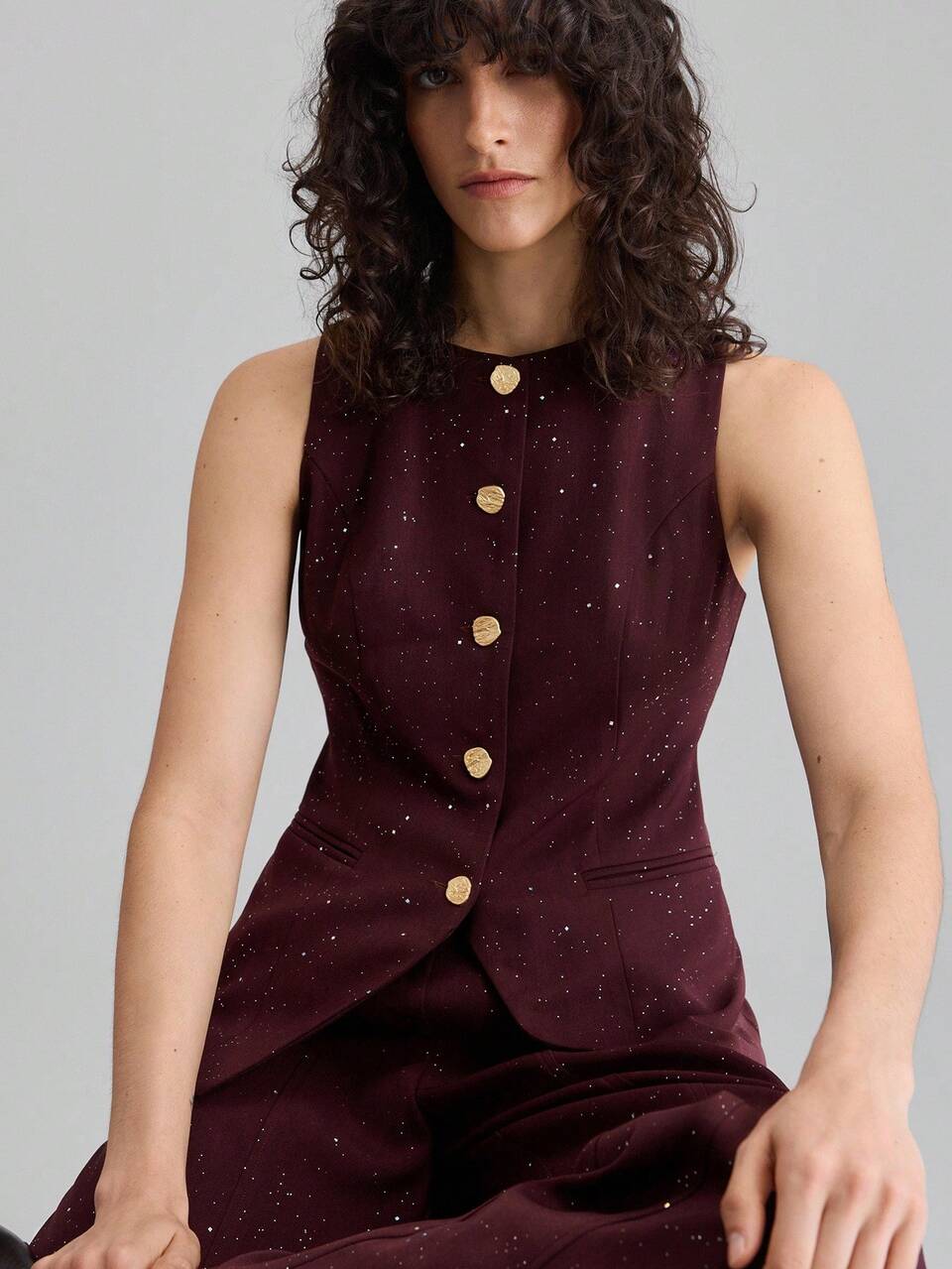 2pcs Women's Suit Set,Sleeveless Vest & Trousers,Purple-Red Shiny Fabric,Waist Cinched,Business Casual,Office Commute,Rose Gold,Summer,Elegant,Dining
