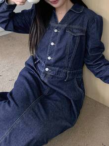 Dazy Plus Vestido vaquero ajustado de manga corta y lavado oscuro, prenda de vestir de denim para primavera/otoño - Azul lavado oscuro - Ver 6