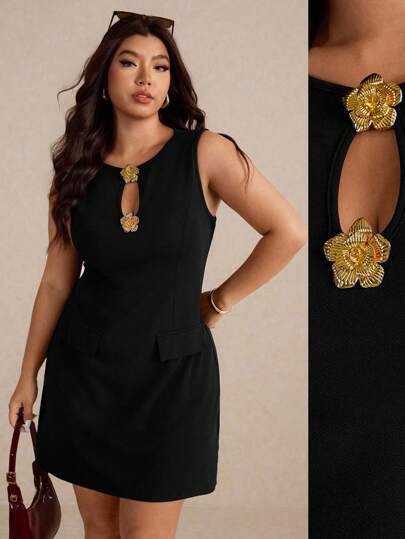 Elaquor Plus Size Women Hollow Metal Button Rose Gold Buckle Design Sleeveless Bodycon Midi Dress, Commute And Casual Wear, Black Sleeveless Plus Size Dress,Teacher Outfits For Women