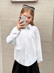 SHEIN Serisse Kids بلوزة بيضاء فضفاضة للبنات المراهقات، طويلة الأكمام، ياقة مفرودة، فتحة خلفية، مناسبة للارتداء اليومي والعودة للمدرسة - أبيض - مشاهدة 5