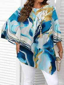 EMERY ROSE Plus Size Blue Marble Texture Casual Minimalist All-Over Print Shirt, Spring/Autumn,Fall Clothes For Women Chic Blouses For Women,Flower/Summer/Vacation - Multicolor - View 4