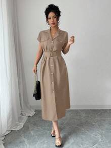 Elenzga Đầm midi dáng suông cổ ve lật tay ngắn màu trơn đơn giản dành cho nữ - Màu Khaki - Xem 3