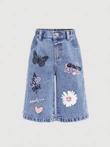 SHEIN Baby Girl Y2K Floral Smiling Face Print Loose Blue Ripped Jeans,Fall Kid's Casual And Comfortable Wear,Back To School Clothes,2000s Style,Y2k Clothes - Light Wash - View 2