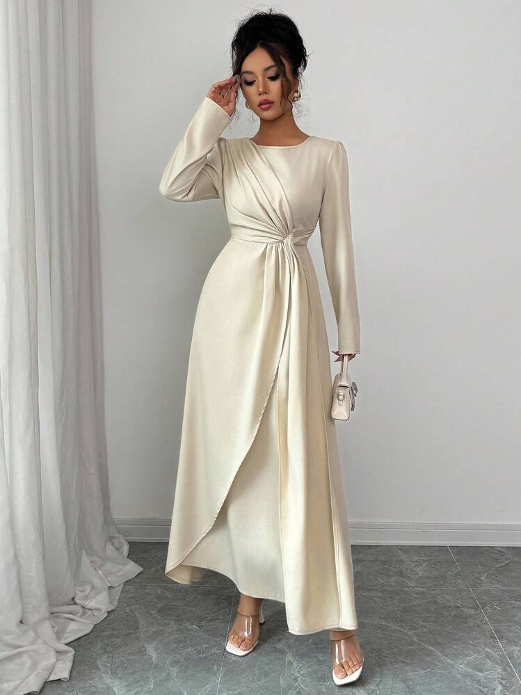 Elenzga Elegant Solid Color Round Neck Long-Sleeved Dress For Women, With A Knotted Waist And A Simple, Elegant Asymmetrical Hem. Suitable For All Seasons, Including Spring, Summer, Autumn, And Winter. Perfect For Casual Occasions Such As Afternoon Tea, Parties, Thanksgiving, Back-To-School, Country Music Festivals, Business Casual, Party Suits, Date Nights, Birthdays, Brunch, Western Style, And Autumn Women's Wear. - Apricot - View 4