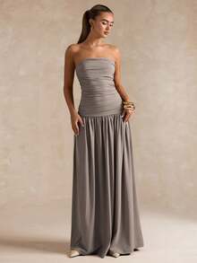 SHEIN BAE 女士优雅纯色连衣裙，秋季褶皱抹胸简约极简主义长裙连衣裙，老钱风格，办公室性感连衣裙，女士秋季连衣裙，商务休闲女士，婚礼宾客，飘逸连衣裙，露肩连衣裙 - 灰色 - 查看 5