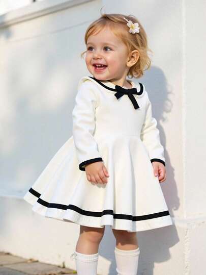 Souflis Souflis 3M-3Y Toddler Girls' Vintage Elegant Minimalist Collegiate Style Comfortable Knit Stretch Fabric Cute Doll Collar Black Striped Contrast Color Bow Decor Dress, Suitable For Spring, Summer, Autumn, Party, Photoshoot, School, Outdoor Play Fall Winter