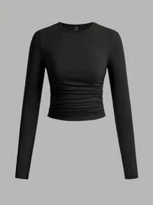 SHEIN EZwear 3 件套女士休闲纯色圆领褶皱长袖 T 恤，黑色、白色、粉色，秋冬 - 彩色 - 查看 6