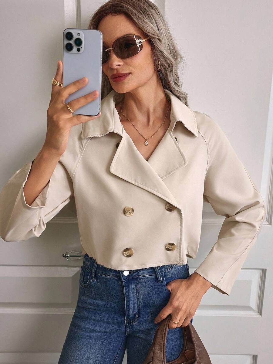 EMERY ROSE 女式简约优雅短款宽松杏色磨边风衣 - 杏色 - 查看 1