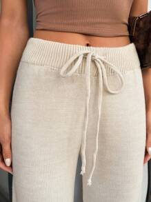 EURMUSE Casual High Waist Solid Color Plain Pattern Wide Leg DrawCord Detailed Belt Knitted Panrs - Apricot - View 2