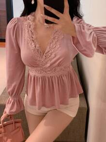 DAZY 秋冬灯芯绒加厚毛绒蕾丝拼布V领荷叶边泡泡袖腰优雅婚礼派对长袖女衬衫 - 粉色 - 查看 5