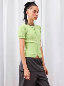 COUREZ Puff Sleeve Front Tie Knit Top /Y2K  Women Clothes  Clothes Cute Tops  Tops Going Out Tops Tie Front Top - Yellow - View 6