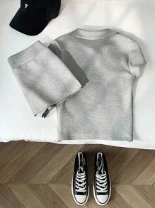 Elamini Women's Casual Minimalist Polo Collar Horse Embroidery Fitted T-Shirt + Mini Low-Waist Skirt Pants Set - Grey - View 2