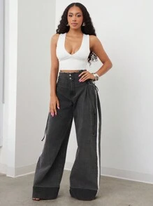 Vixey 女式侧系带磨边阔腿宽松休闲牛仔裤 - 黑色 - 查看 4