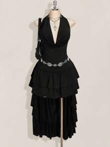 SHEIN ICON Vestido de talla grande con cuello en pico, halter, cintura alta, volantes y bajo asimétrico sin espalda - Negro - Ver 1