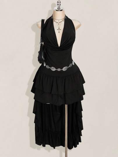 SHEIN ICON 加大码低胸露背高腰荷叶边不对称下摆露背连衣裙