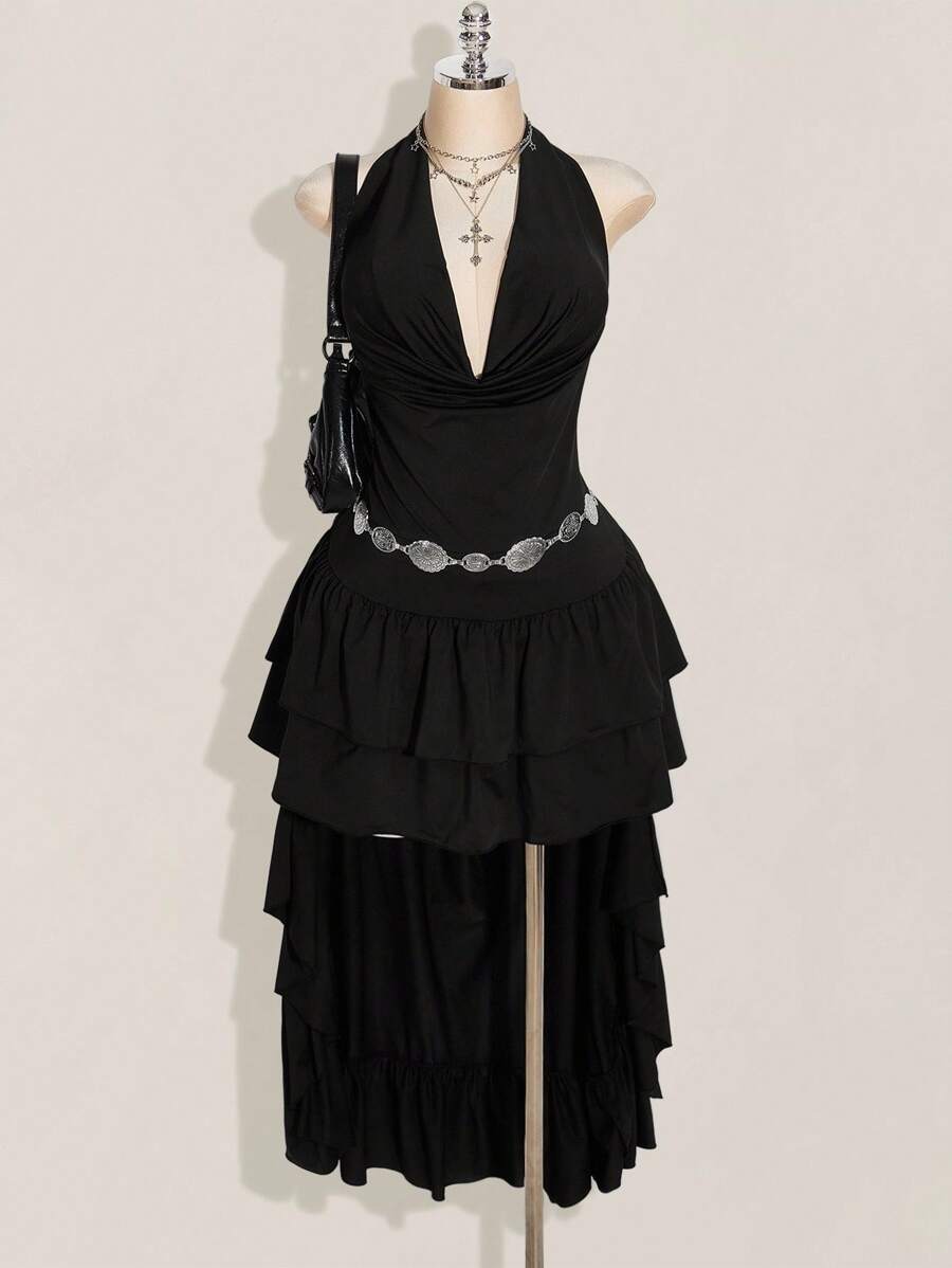 SHEIN ICON Vestido de talla grande con cuello en pico, halter, cintura alta, volantes y bajo asimétrico sin espalda - Negro - Ver 1