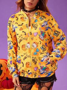 Nick 90s | SHEIN 女士休闲日常万圣节卡通图案连帽衫 - 橘色 - 查看 6