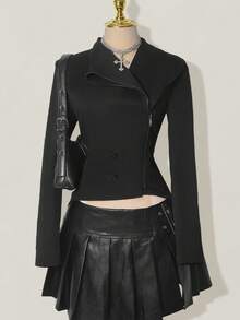 SHEIN ICON Women's Double Layer Collar Fitted Jacket Black Zip Up Jacket In Fall/Winter - Black - View 4