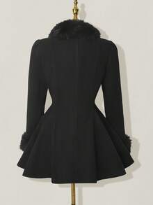 SHEIN ICON 女士优雅喇叭形人造毛皮拼布双排扣夹克，秋冬 - 黑色 - 查看 2