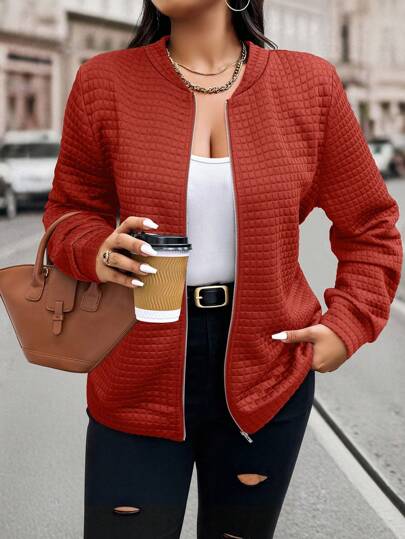 Easura Plus Size Women Solid Color Long Sleeve Zip-Up Casual Baseball Jacket, Autumn Fall Winter Cloth For Women