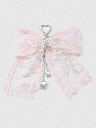 Kawaii 1 pieza Llavero/Dije para bolso hecho a mano con perla falsa blanca, lazo de encaje rosa, estrella de CCB y corazón, adecuado para mujeres, niñas, uso diario, regalo de vacaciones