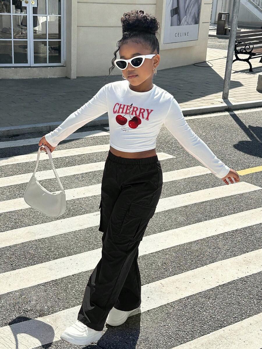 SHEIN Ensemble basique décontracté pour préadolescentes "Slayr" avec Top à col ras-du-cou à manches longues en tricot et pantalon droit en tissu - Noir et Blanc - View 1