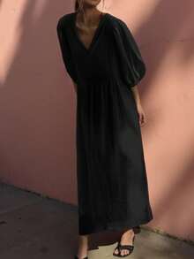 INAWLY 女士时尚休闲度假露背简约短袖连衣裙 - 黑色 - 查看 2