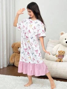 SHEIN 青少年女孩宽松休闲舒适圆领拼接撞色熊猫图案睡衣套装 - 黑色 - 查看 3