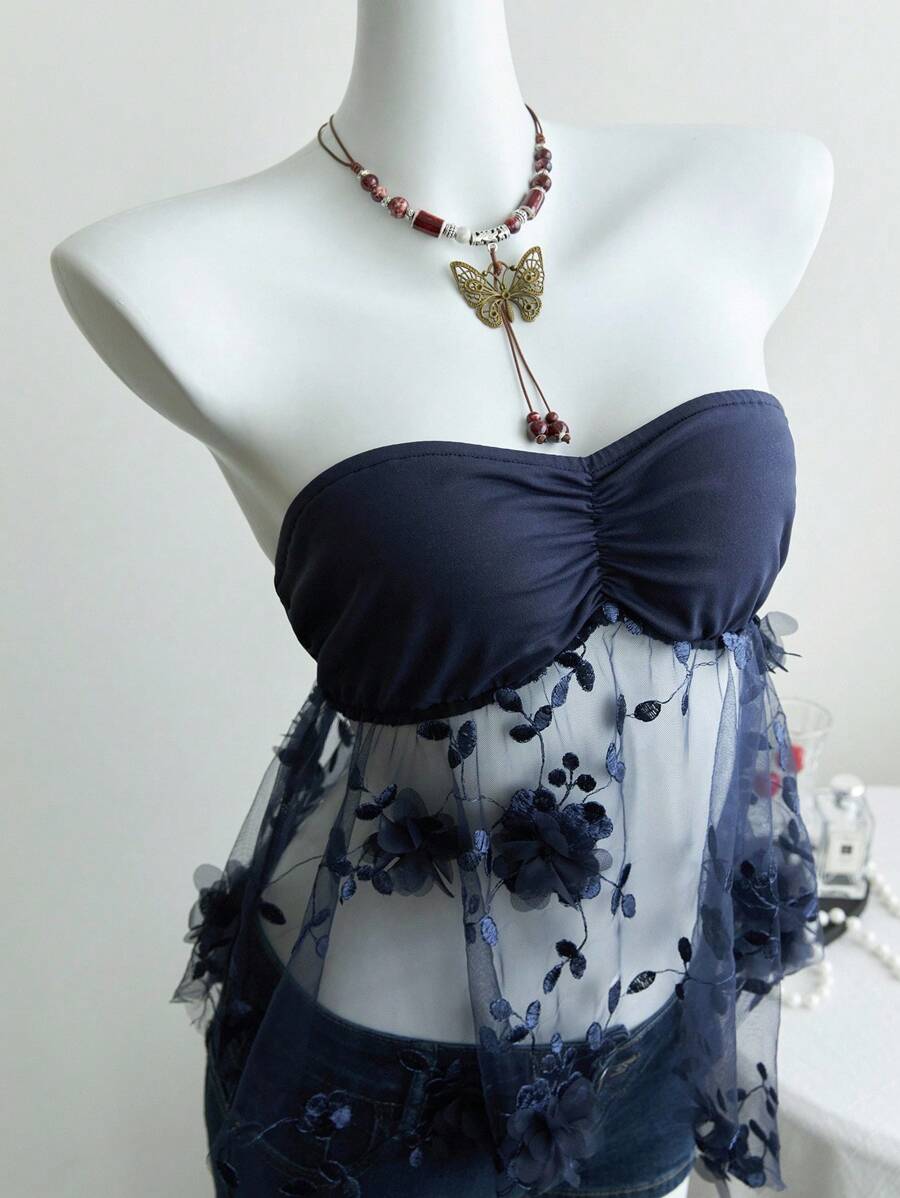 SHEIN Unity 夏季性感3D花卉装饰网眼拼布抹胸上衣 - 寶藍色 - 查看 1