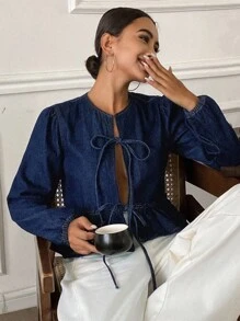 DAZY 女式圆领系带长袖牛仔夹克和外套，休闲牛仔外套 - 深色水洗藍 - 查看 6