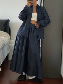 DAZY 女士翻领牛仔衬衫，长袖，宽松版型，后系带腰部设计，宽松长款牛仔裙，休闲牛仔套装 - 中等水洗藍 - 查看 4