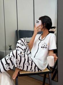 SHEIN Women's Black And White Striped Pajama Set With Panda Prints And Short Sleeves Comfy Pajamas Set Cute Pajamas Set Panda Pajamas - Black and White - View 4