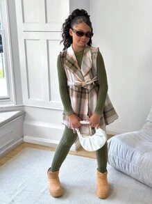 Sparklyn Bộ 3 áo vest kẻ caro thường ngày cho bé gái tuổi teen kèm thắt lưng + quần legging dài tay có gân, trang phục đa năng phù hợp để mặc hàng ngày, đi học mùa thu đông - xanh quân đội - Xem 4