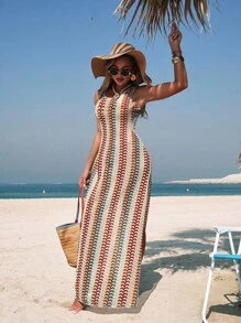 Swim Vcay Women's Contrast Stripe Side Slit Elegant Sexy Cover-Up Dress For Summer Beach Vacation - Multicolor - View 5