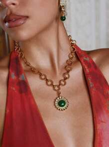 Glisma 18K 镀金 1 件纹理金属/金属锆石圆形吊坠，适合派对、休闲、音乐会/节日、夜总会、可爱、奢华、婚礼、节日、度假、露营、Y2K、妈妈、女士、女孩、秋季、冬季、节日、假日、度假、老钱、万圣节 - 綠色 - 查看 1