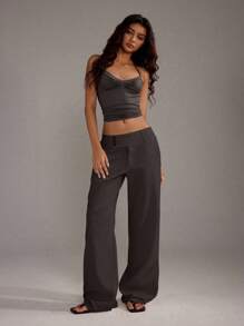 TRNVIE 女士纯色直筒宽松休闲裤，百搭 - 巧克力棕 - 查看 6