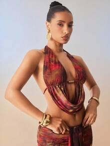 Hauture 女士性感抽象动物印花垂坠领露背短款上衣，金色装饰 - 彩色 - 查看 1