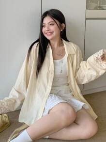 Dazy Plus Áo sơ mi vàng cỡ lớn dành cho nữ có cổ, tay rộng, họa tiết ren và sọc tương phản, áo dài tay mùa thu - Màu vàng - Xem 7