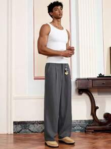 SWAVVY Men's Casual Solid Color Decorative Chino Pants - Dark Grey - View 6