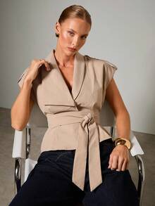 COSMINA 女士优雅无袖落肩收腰夹克，初秋 - 杏色 - 查看 6