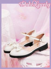 Dola Lovely Ballerine da donna con punta tonda, tacco basso, stile Lolita, con decorazione a fiocco e design traforato, adatte per Ognissanti e Natale - Bianco - Visualizzare 1