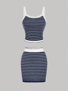 SHEIN MOD Navy Blue Striped Knitted Bodycon Mini Skirt, Women Woolen Skirt - Navy Blue - View 2