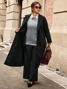 Easura 大码女式复古优雅翻领羊毛混纺长款大衣，适合通勤，秋冬季