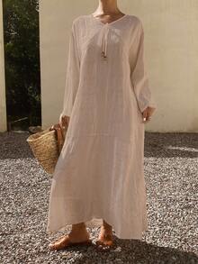 DAZY Đầm maxi nữ dáng rộng, thoải mái, chất liệu vải lanh, thích hợp cho mùa hè. - Màu Khaki - Xem 3