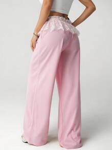 SHEIN ICON 宽松纹理面料蕾丝腰带休闲运动裤 - 粉色 - 查看 2