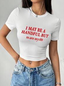 Rovax 女士大码休闲口号印花圆领短款 T 恤，夏季 - 白色 - 查看 4